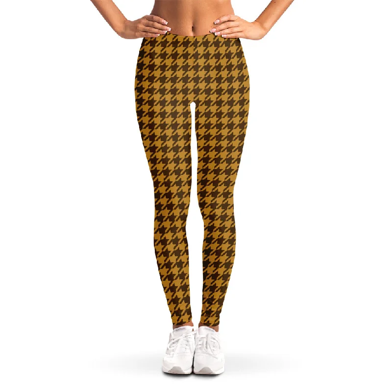 Brown Houndstooth Pattern Print Women's Leggings