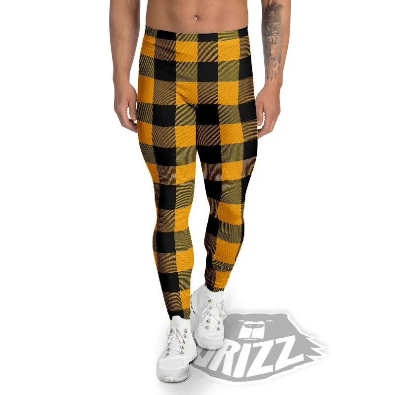 Discount Mania Buffalo Check Fire Yellow Print Pattern Men's Leggings