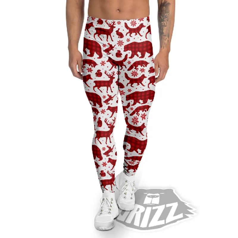 Buffalo Plaid Winter Forest Animal Print Pattern Men's Leggings