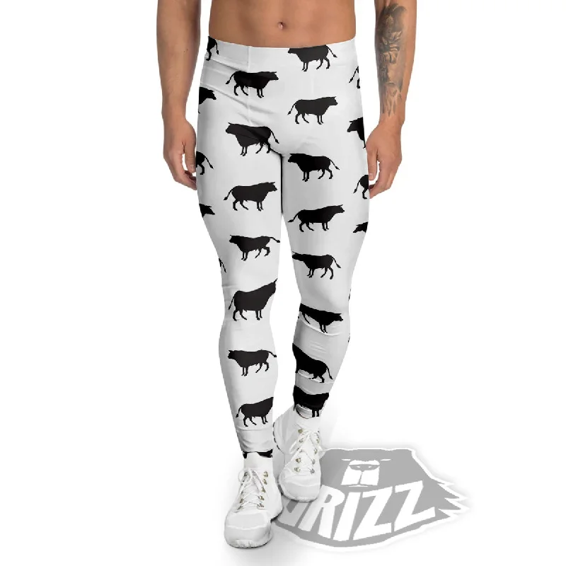 Bull White And Black Print Pattern Men's Leggings