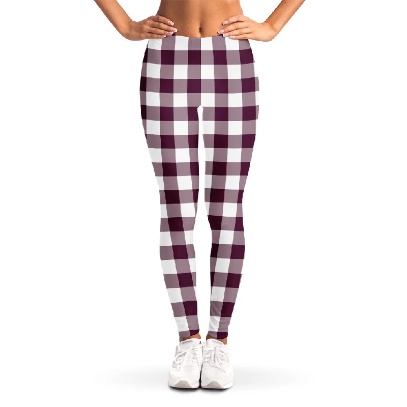 Burgundy And White Check Pattern Print Women's Leggings