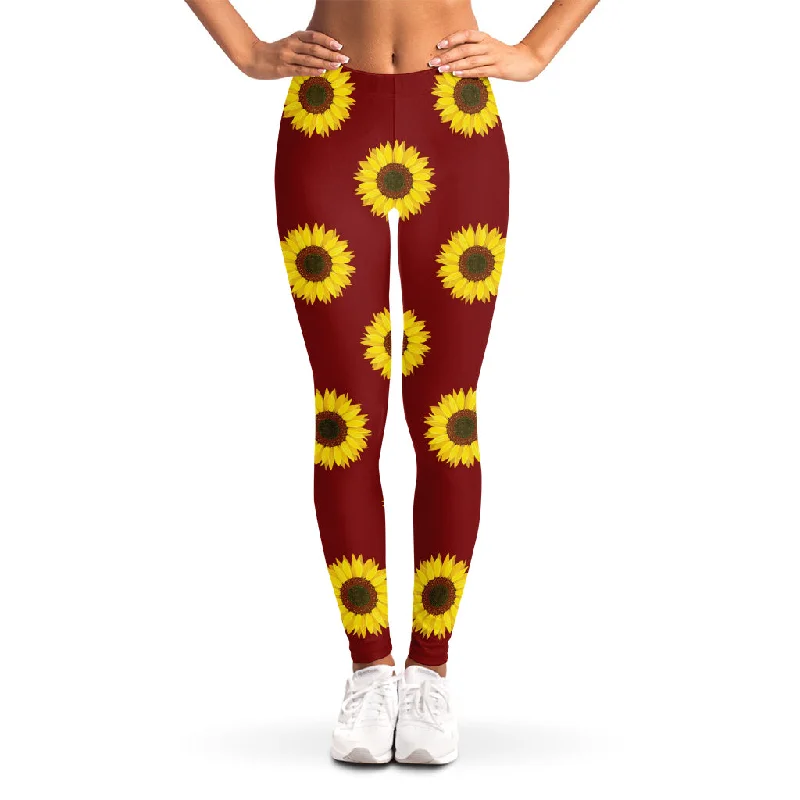 Burgundy Sunflower Pattern Print Women's Leggings