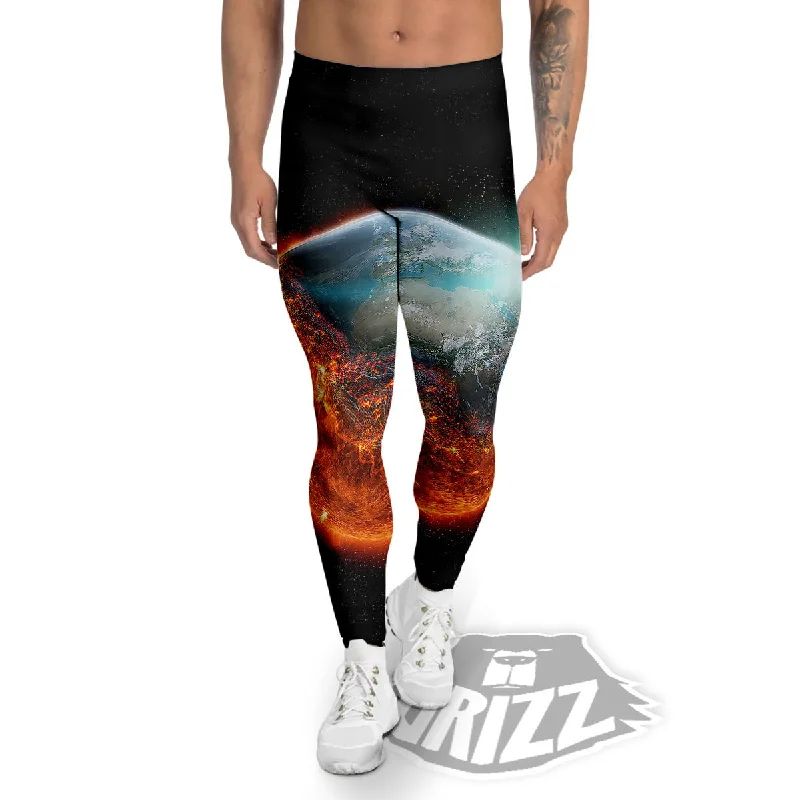 Burning Planet Print Men's Leggings