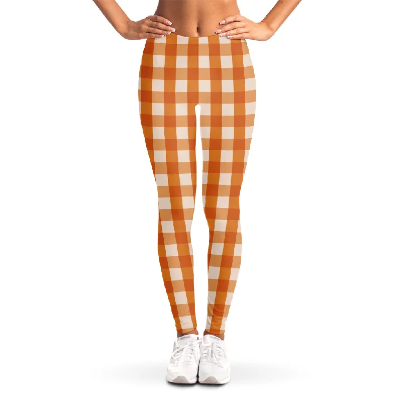 Burnt Orange And White Check Print Women's Leggings