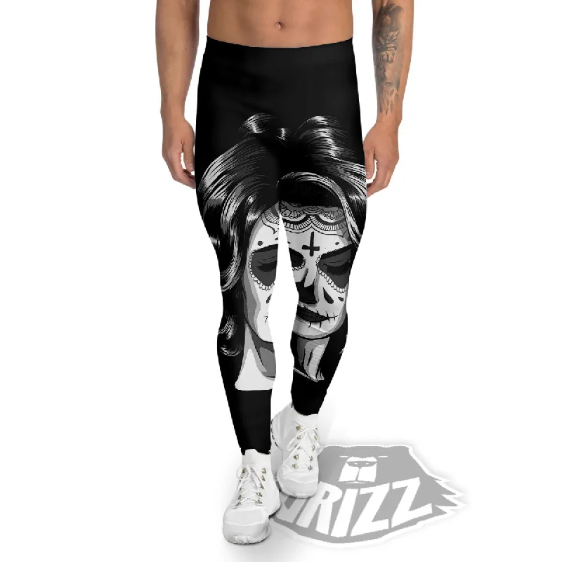 Calavera Girl White And Black Print Men's Leggings