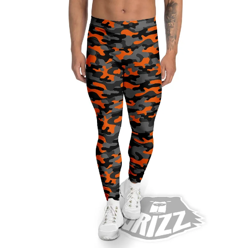 Camouflage Orange And Black Print Men's Leggings