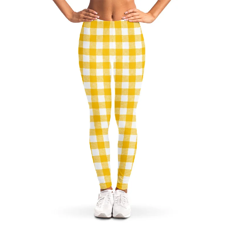 Canary Yellow And White Gingham Print Women's Leggings