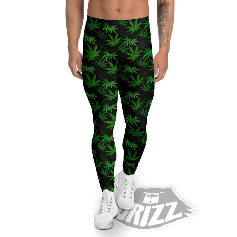 Friends and Family Sale Cannabis Leaf Black And Green Print Men's Leggings