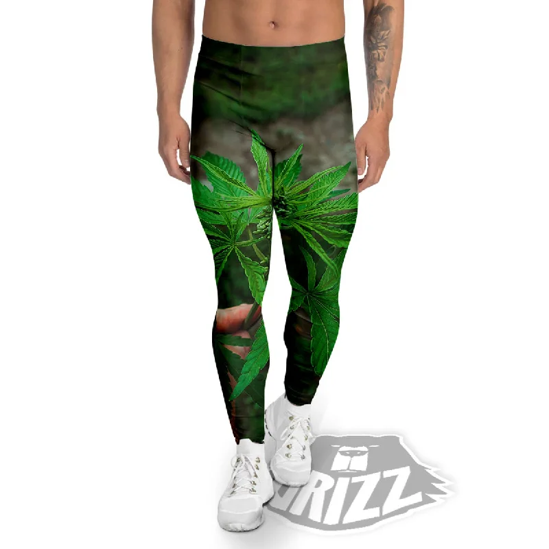 Season Finale Sale Cannabis Leaf Forest Green Print Men's Leggings