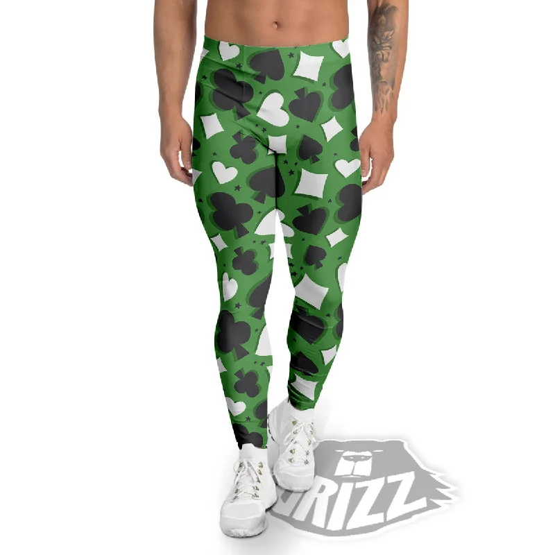 Price Drop Card Suits Green Playing Print Pattern Men's Leggings