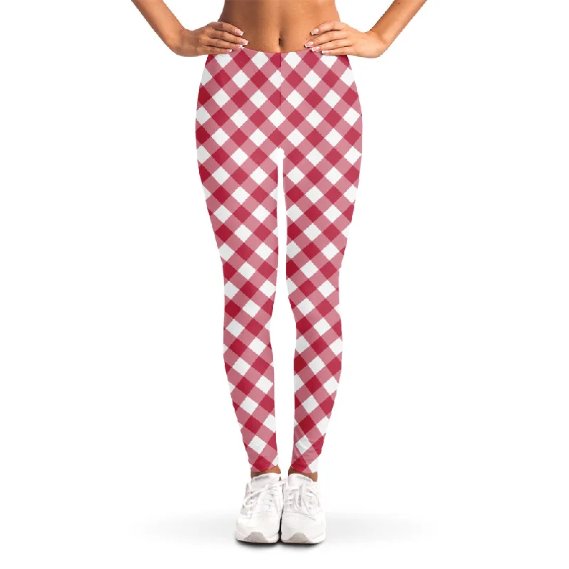 Cardinal Red And White Gingham Print Women's Leggings