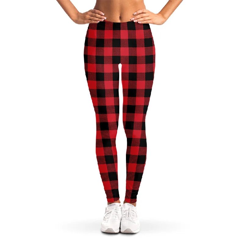 Cardinal Red Buffalo Check Pattern Print Women's Leggings