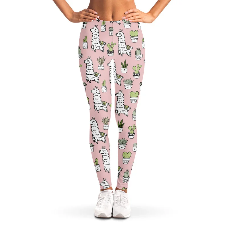 Cartoon Cactus And Llama Pattern Print Women's Leggings