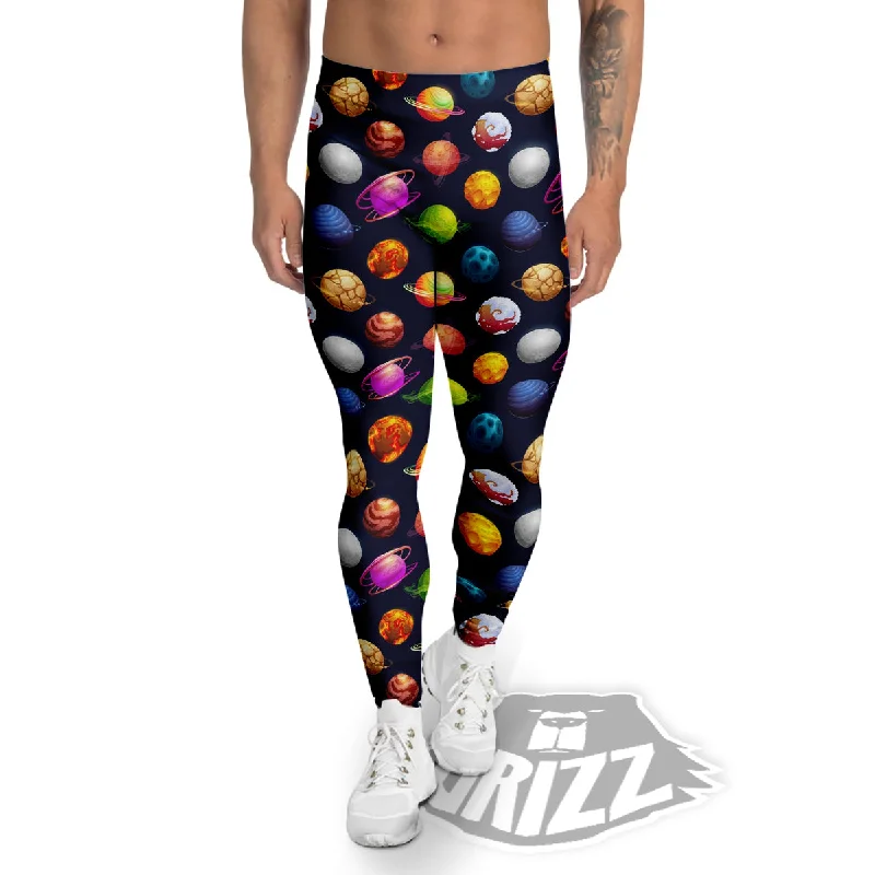 Cartoon Futuristic Planets Colorful Print Pattern Men's Leggings