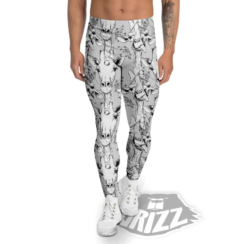 Cartoon Giraffe White And Black Print Men's Leggings