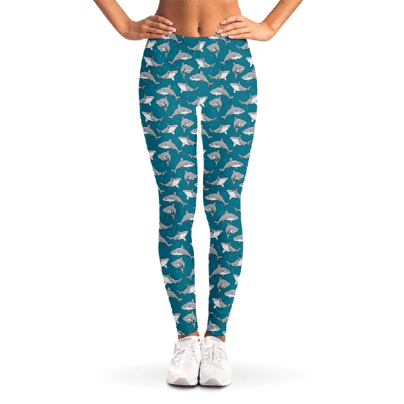 Cartoon White Shark Pattern Print Women's Leggings