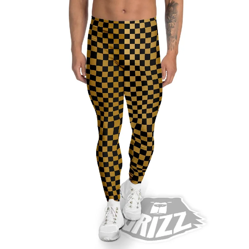 Reduced Prices Checkered Black And Gold Print Pattern Men's Leggings