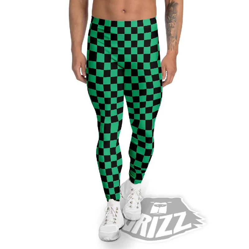 Price Reduction Checkered Black And Green Print Pattern Men's Leggings