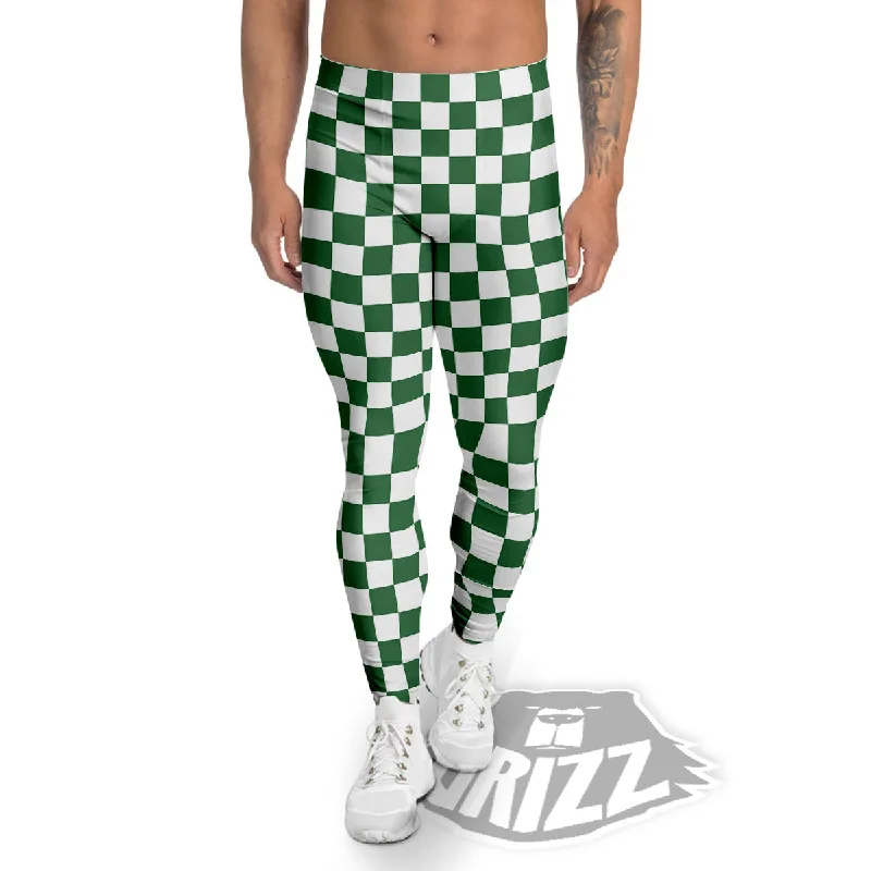 Major Savings Checkered White And Green Print Pattern Men's Leggings