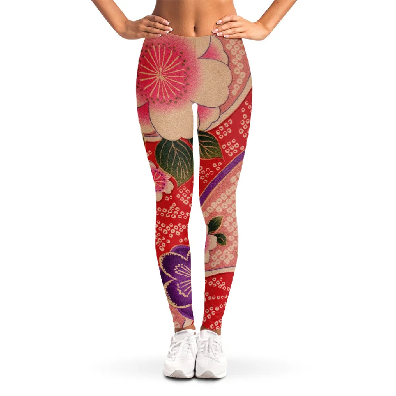 Cherry Blossom Kimono Pattern Print Women's Leggings