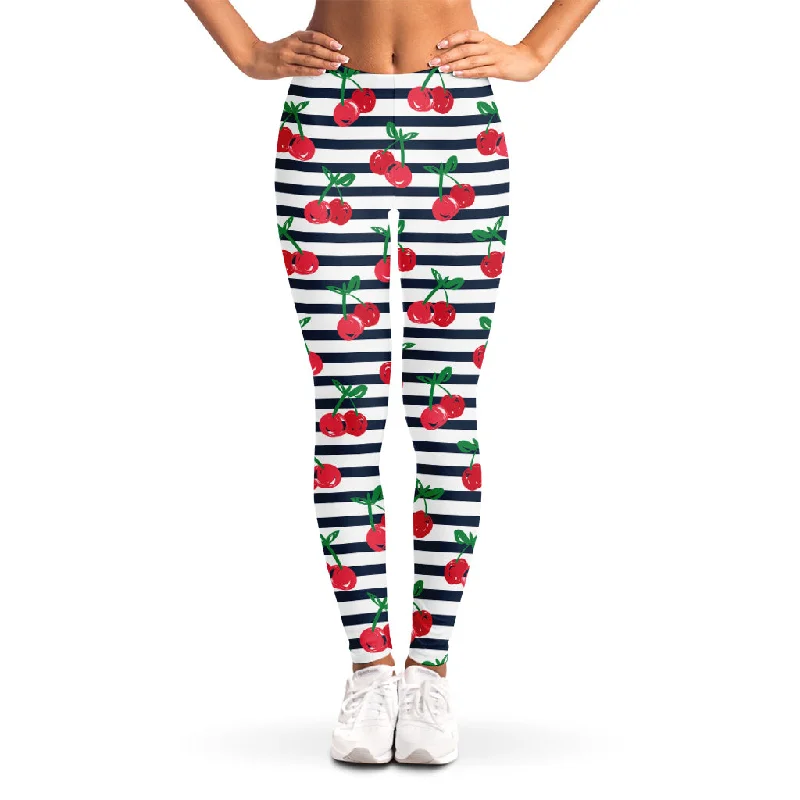 Cherry Striped Pattern Print Women's Leggings