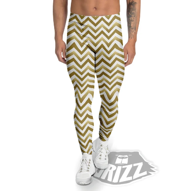 Deep Discounts Chevron White And Gold Print Pattern Men's Leggings