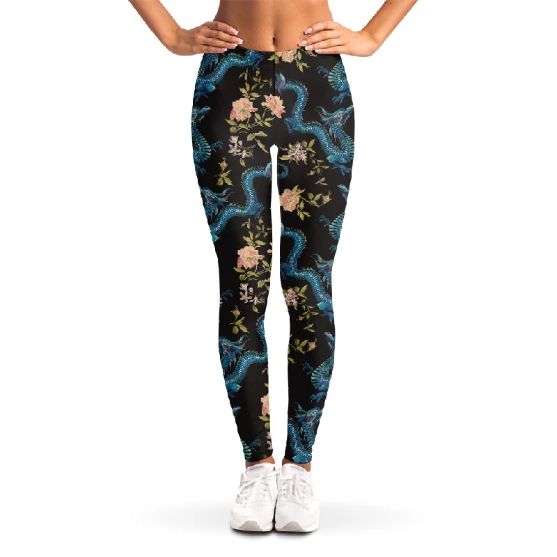 Chinese Dragon And Flower Pattern Print Women's Leggings