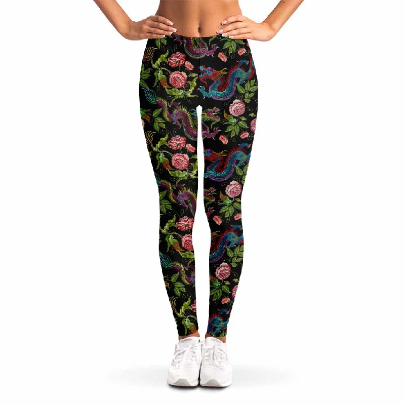 Discount Deals Chinese Dragon Flower Pattern Print Women's Leggings