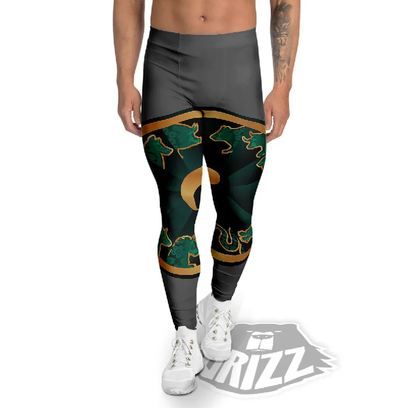 Don't Miss Chinese Zodiac Gold And Green Print Men's Leggings