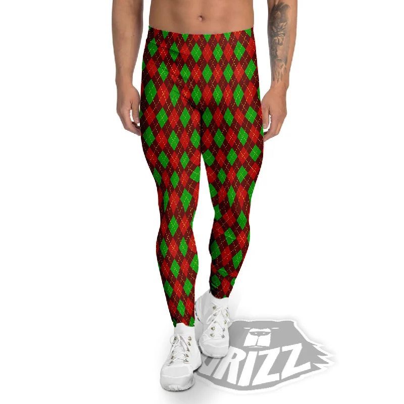 Best Deals Christmas Argyle Red And Green Print Men's Leggings