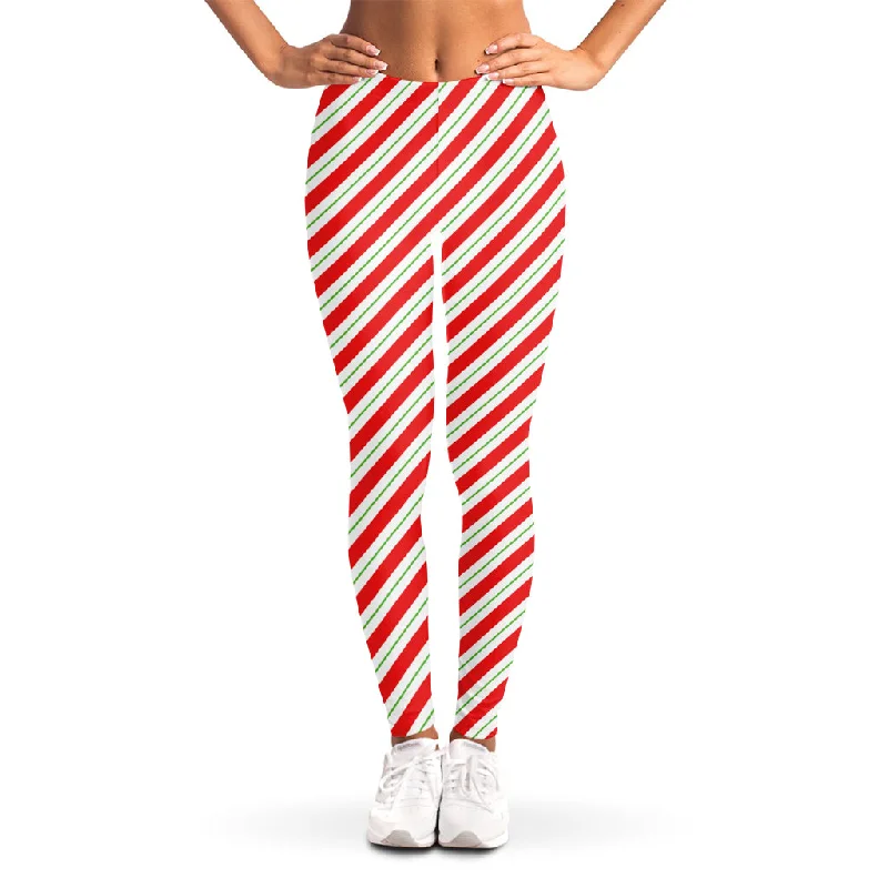 Christmas Candy Cane Stripe Print Women's Leggings