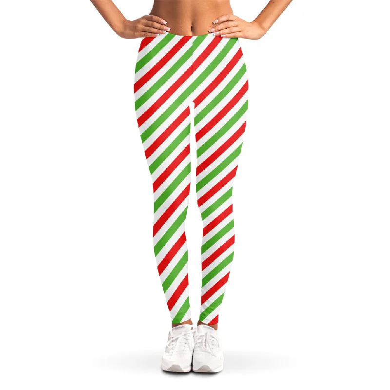 Christmas Candy Cane Striped Print Women's Leggings