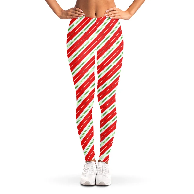 Christmas Candy Cane Stripes Print Women's Leggings