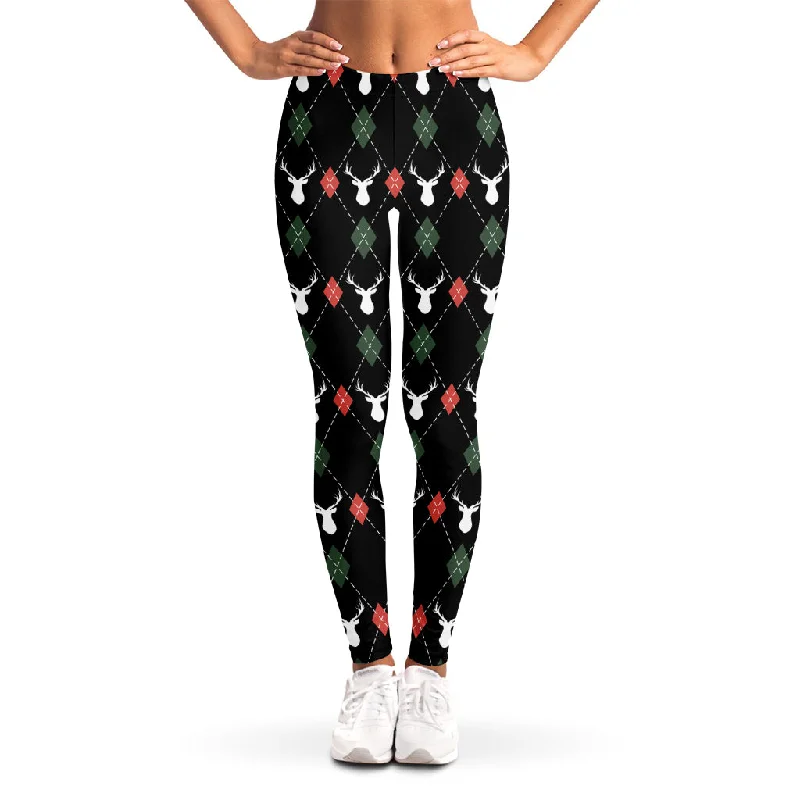 Christmas Deer Argyle Pattern Print Women's Leggings