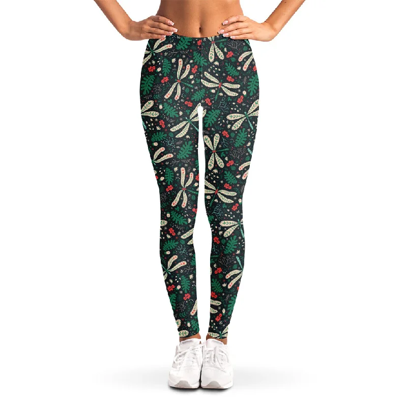 Christmas Floral Dragonfly Pattern Print Women's Leggings