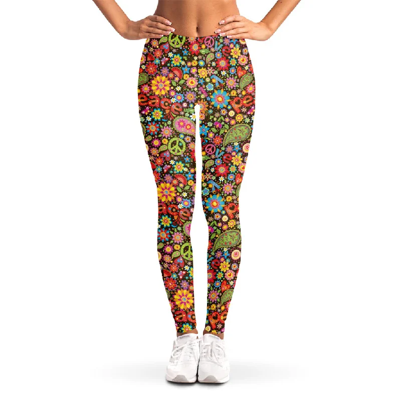 Colorful Hippie Peace Symbols Print Women's Leggings