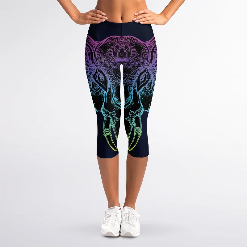 Colorful Spiritual Elephant Print Women's Capri Leggings