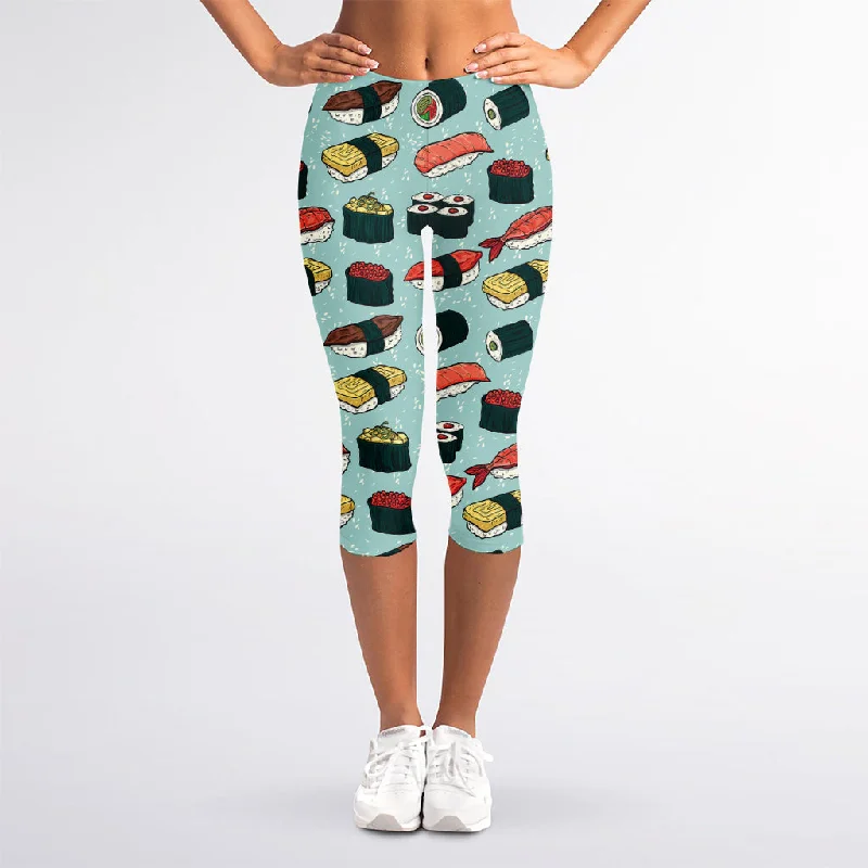 Colorful Sushi And Rolls Pattern Print Women's Capri Leggings