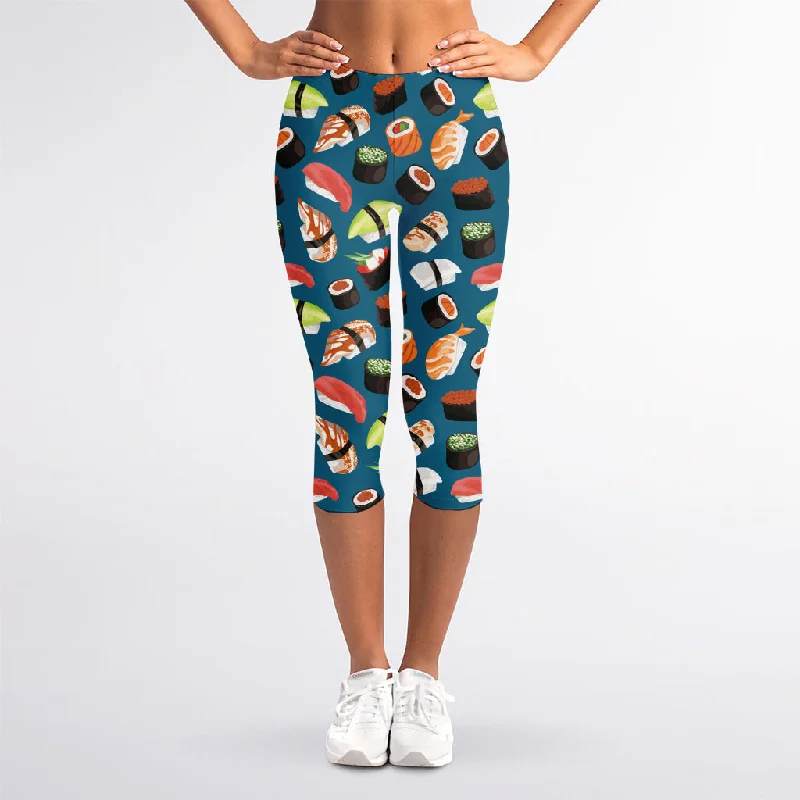 Colorful Sushi Pattern Print Women's Capri Leggings