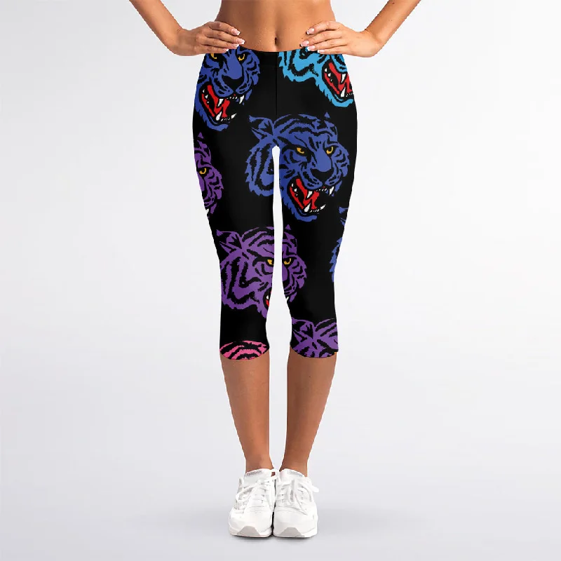 Colorful Tiger Head Pattern Print Women's Capri Leggings