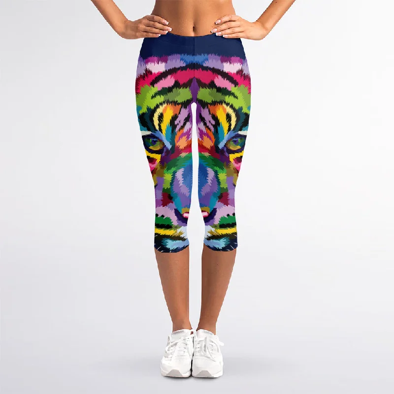 Colorful Tiger Portrait Print Women's Capri Leggings