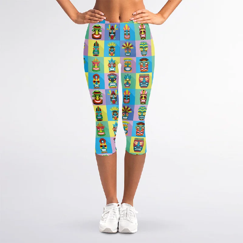 Colorful Tiki Pattern Print Women's Capri Leggings