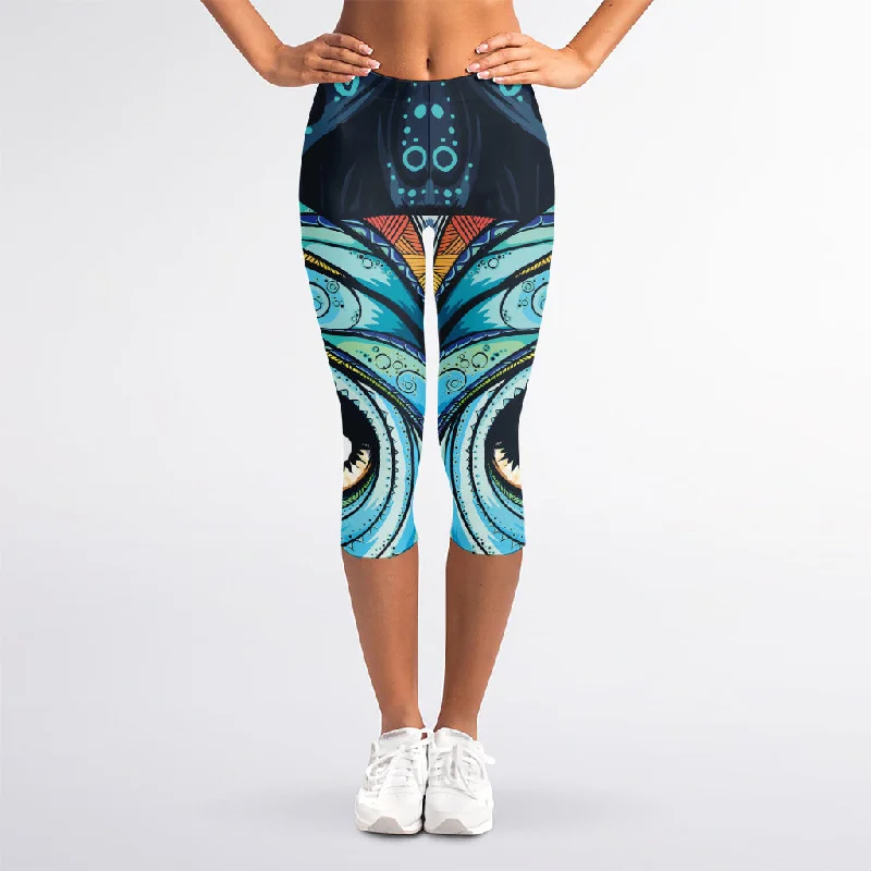 Colorful Tribal Owl Print Women's Capri Leggings