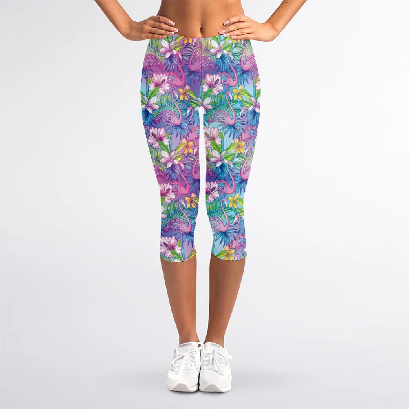 Colorful Tropical Flamingo Print Women's Capri Leggings