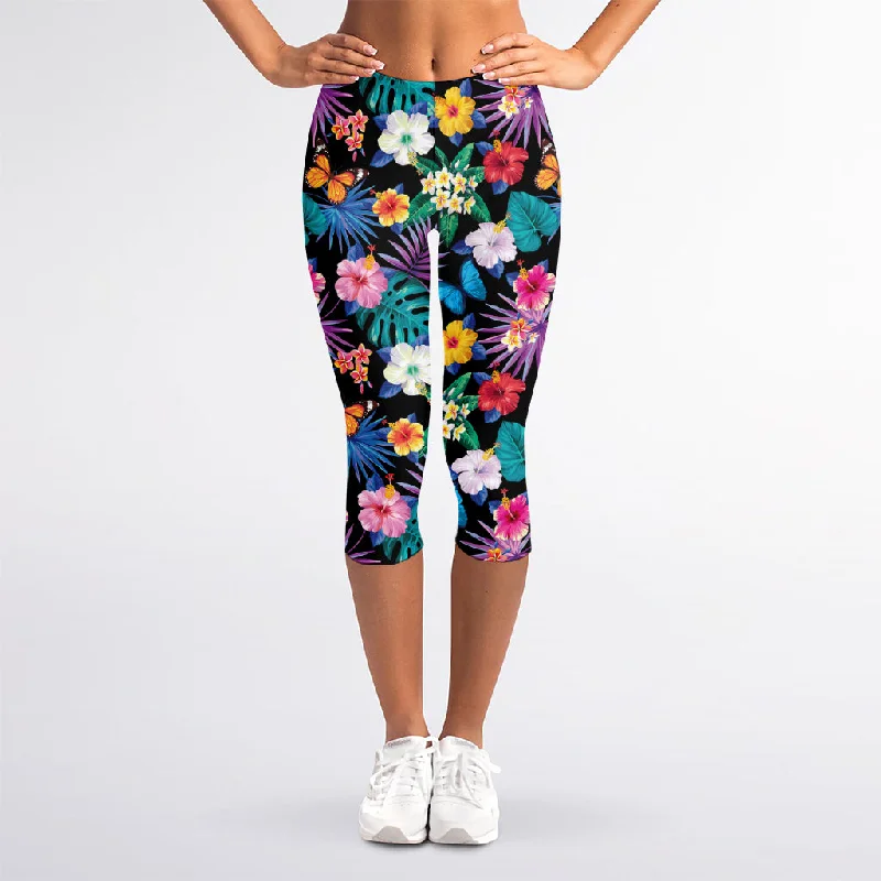 Colorful Tropical Jungle Hawaiian Print Women's Capri Leggings