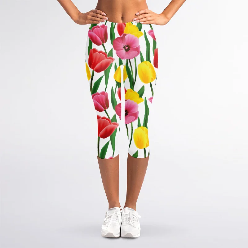 Colorful Tulip Pattern Print Women's Capri Leggings