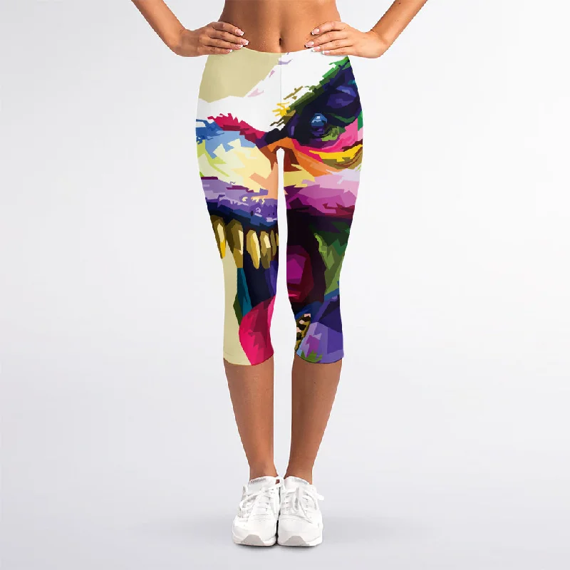 Colorful Tyrannosaurus Rex Print Women's Capri Leggings