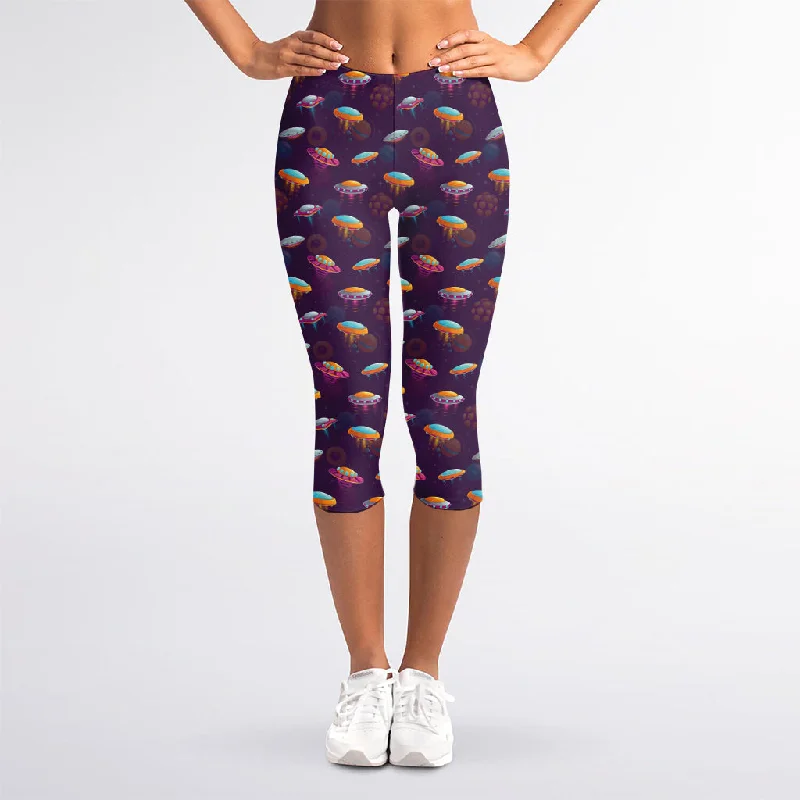 Colorful UFO Pattern Print Women's Capri Leggings