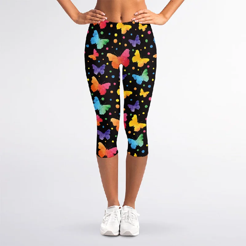 Colorful Watercolor Butterfly Print Women's Capri Leggings