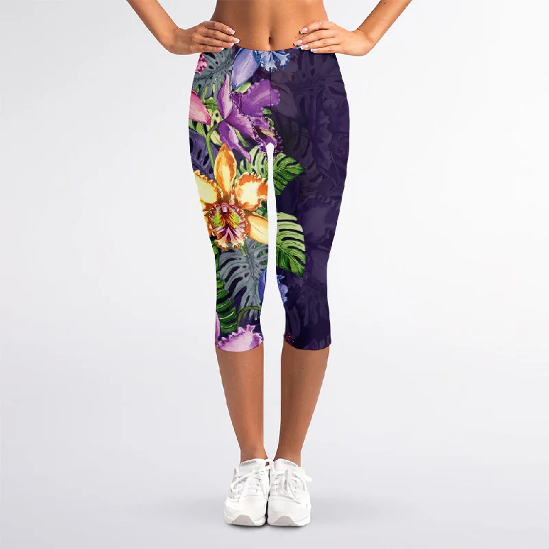 Colorful Watercolor Cattleya Print Women's Capri Leggings